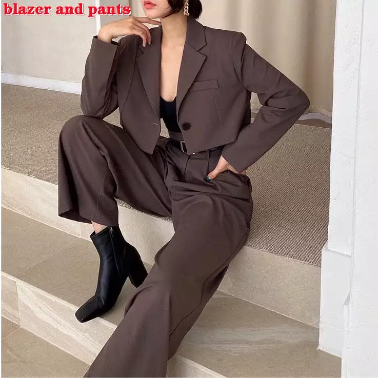 Office Lady Blazer Suits Vintage Two Piece Set Women Long Sleeve Short Blazer + High Waist Wide Leg Long Pants 2 Piece Outfits