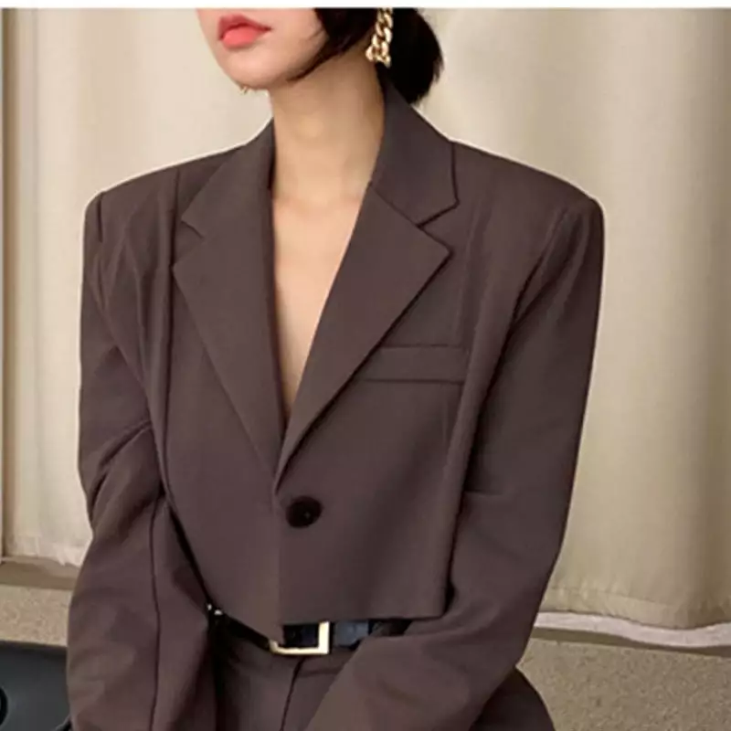 Office Lady Blazer Suits Vintage Two Piece Set Women Long Sleeve Short Blazer + High Waist Wide Leg Long Pants 2 Piece Outfits