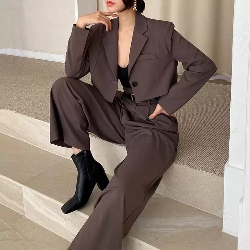 Office Lady Blazer Suits Vintage Two Piece Set Women Long Sleeve Short Blazer + High Waist Wide Leg Long Pants 2 Piece Outfits