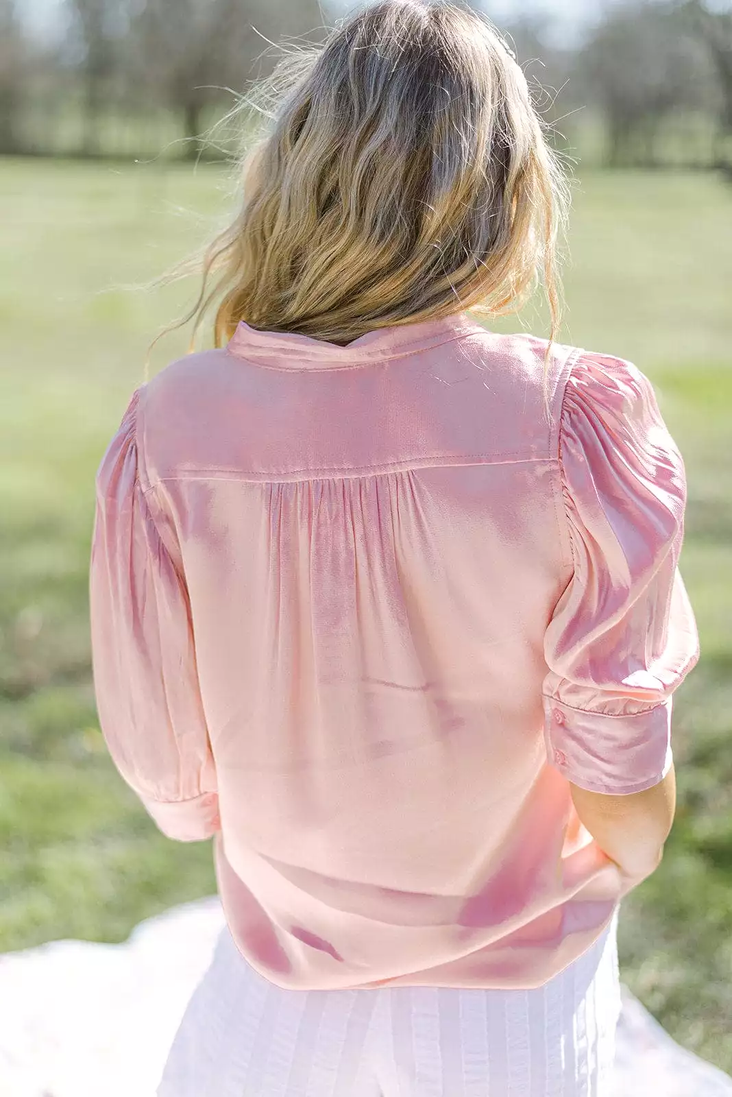 Pink Half Sleeve Satin Blouse