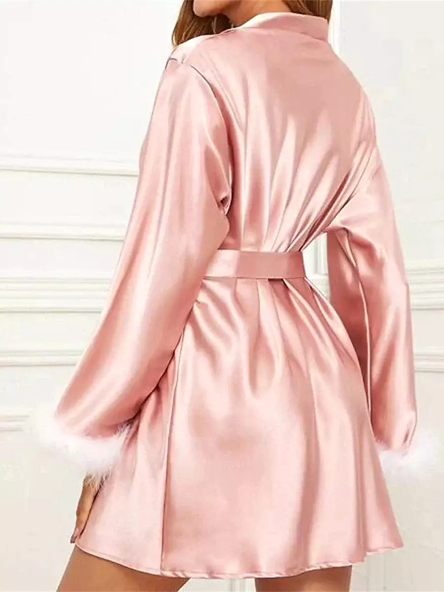 Pink Wine Satin Bathrobe with V Wire Long Sleeve for Women