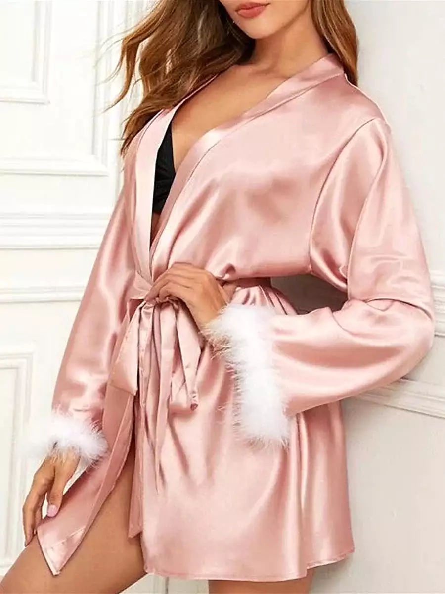 Pink Wine Satin Bathrobe with V Wire Long Sleeve for Women