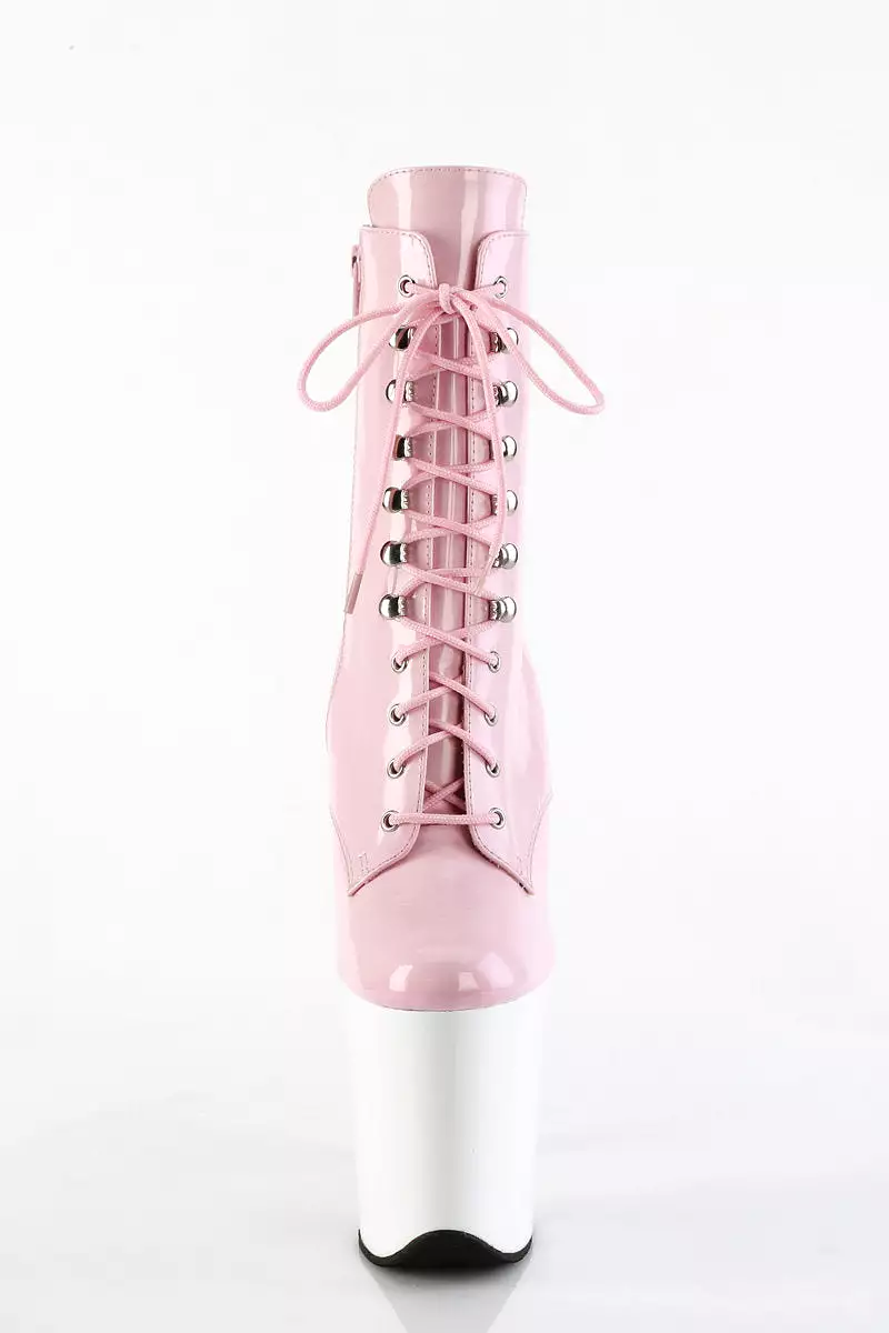 Pleaser USA Flamingo-1020 8inch Pleaser Boots - Patent Baby Pink/White