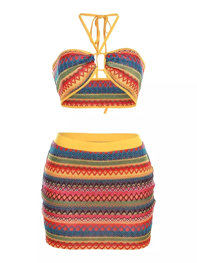 Sexy Halter Bandage Wrapped Swimwear Crop Top+Striped  Hip Skirts Colorful  Women Set