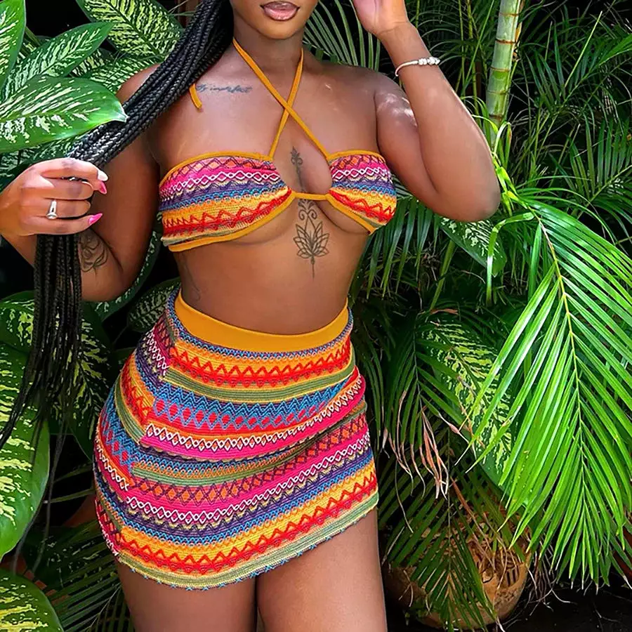 Sexy Halter Bandage Wrapped Swimwear Crop Top+Striped  Hip Skirts Colorful  Women Set