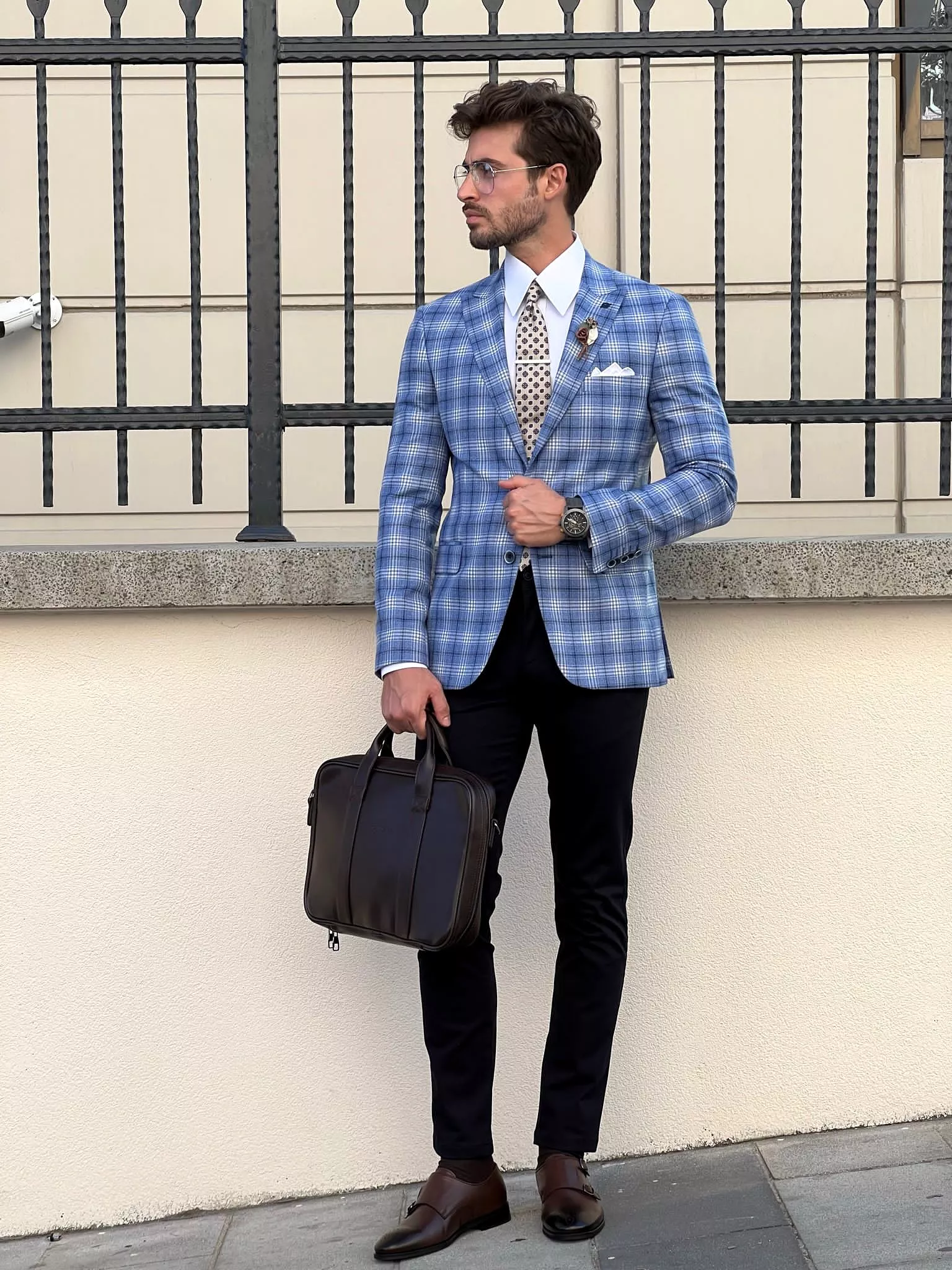 Slim Fit Collar Plaid Wool Blue Blazer