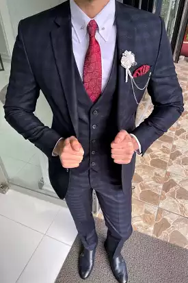 Slim Fit Navy Blue Plaid Wool Wedding Suit