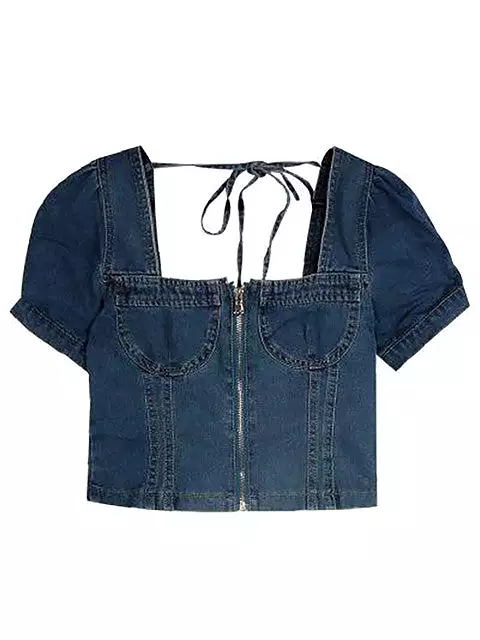 Square Collar Zipper Women Sexy Vintage Short Sleeve Denim Blouse