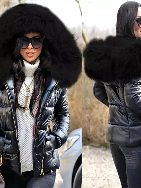 Stylish Women's Black Puffer Jacket with Fur Collar and Hood