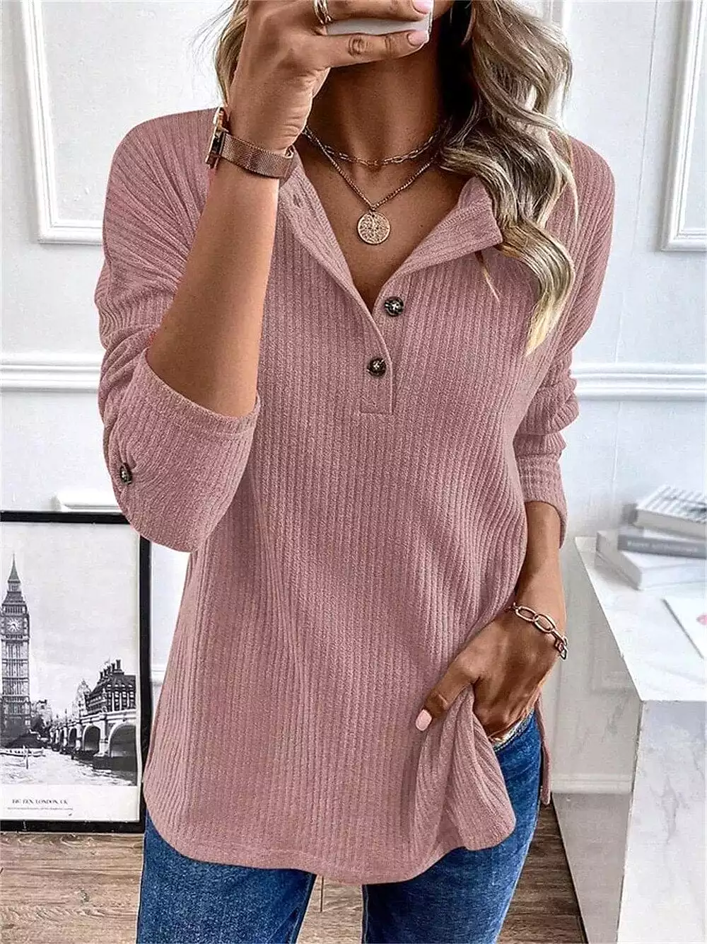 Stylish Women's V-Neck Long Sleeve Plaid Blouse in Black, Pink, and Khaki