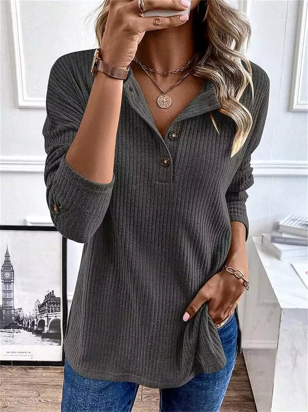 Stylish Women's V-Neck Long Sleeve Plaid Blouse in Black, Pink, and Khaki