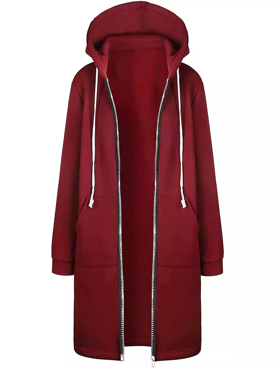 Stylish Women's Zip-Up Hooded Jacket with Drawstring - Black Pink Wine