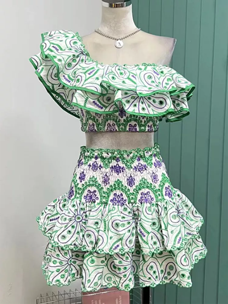 Summer Two Piece Sets For Women Slash Neck Short Sleeve Tops High Waist Skirts