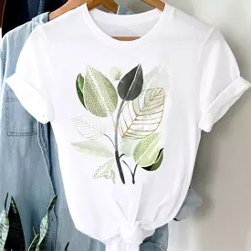 Trend T-shirts Short Sleeve Plant Summer Beach Print Women Cartoon Casual Fashion Graphic Regular Tshirt Top Lady Travel Tee