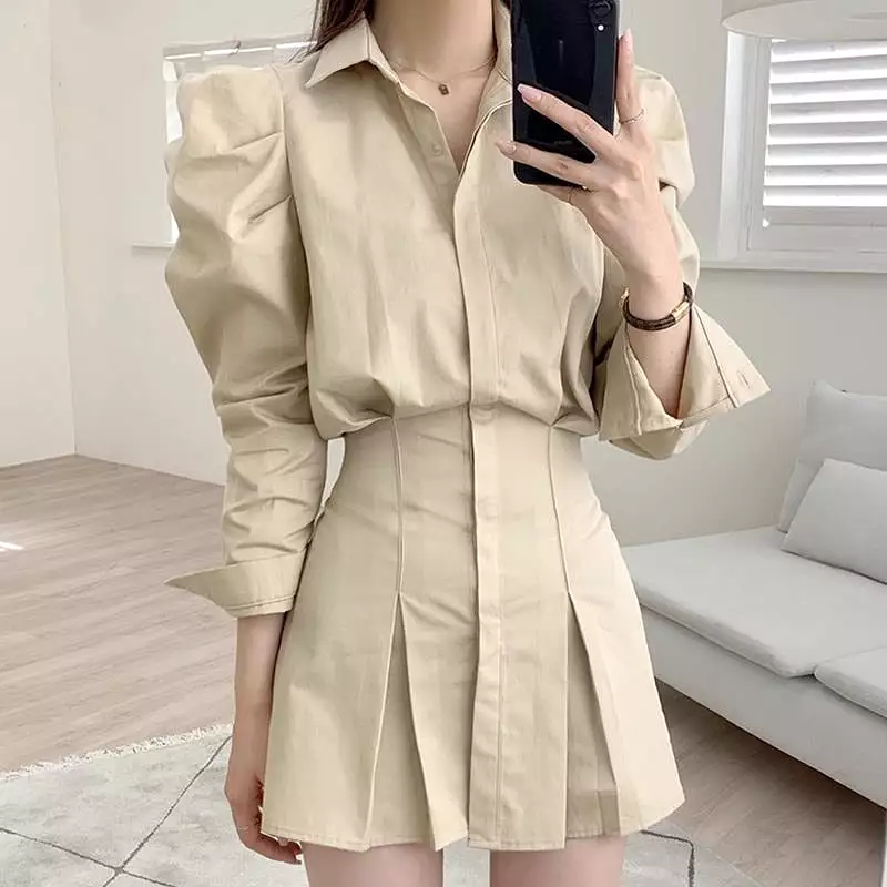 Turn Down Collar Long Sleeve Dress Women High Waist Hip A Line Draped Vestidos Spring 2022 New Solid Robe Slim