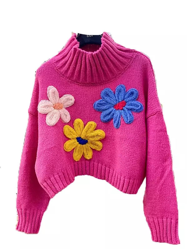 Turtleneck Flowers Women Sweaters Korean Fashion Sweet Vintage Short Pull Femme Autumn Winter Elegant Pullovers