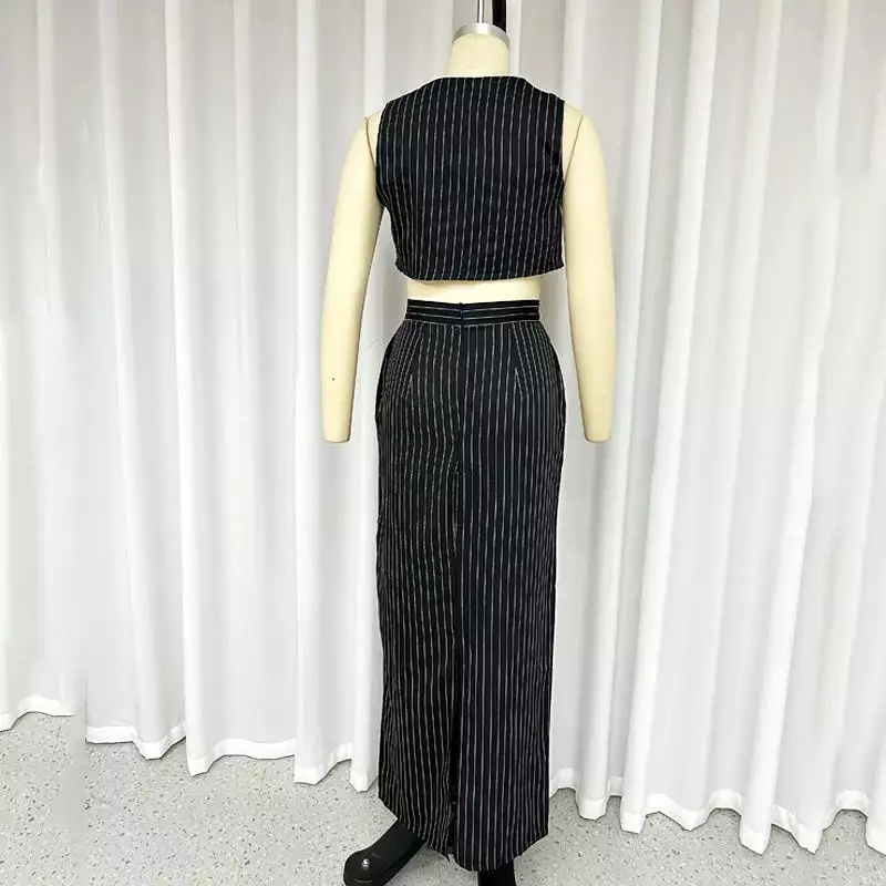 Two Piece Set Women Office Elegant Simple Striped Printed Sleeveless Single Breasted Button VestTop A Line Skirt Sets