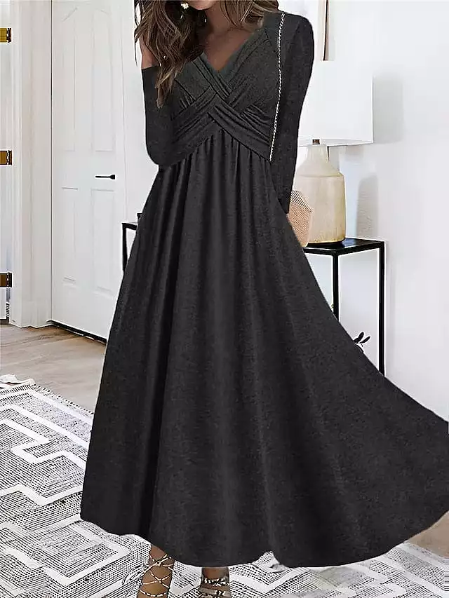 V-Neck Ruched Long Sleeve Midi Swing Dress for Women