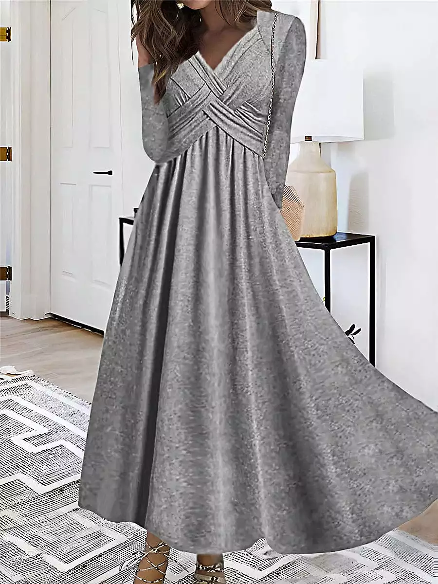 V-Neck Ruched Long Sleeve Midi Swing Dress for Women