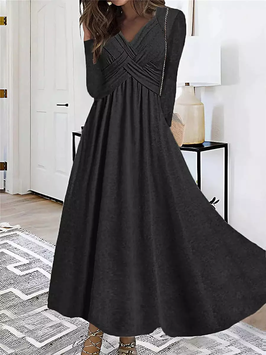 V-Neck Ruched Long Sleeve Midi Swing Dress for Women