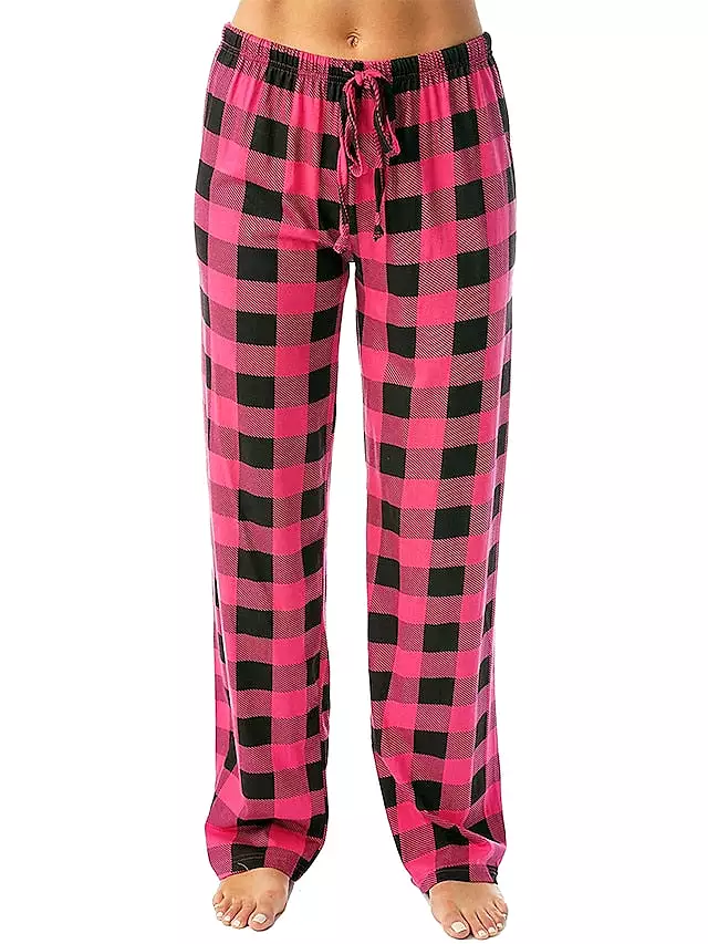 White and Pink Women's Flannel Grid/Plaid Pajama Bottoms with Adjustable Waist