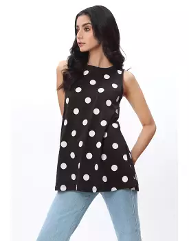 White Polka Dots Sleeveless Black Top Boohoo