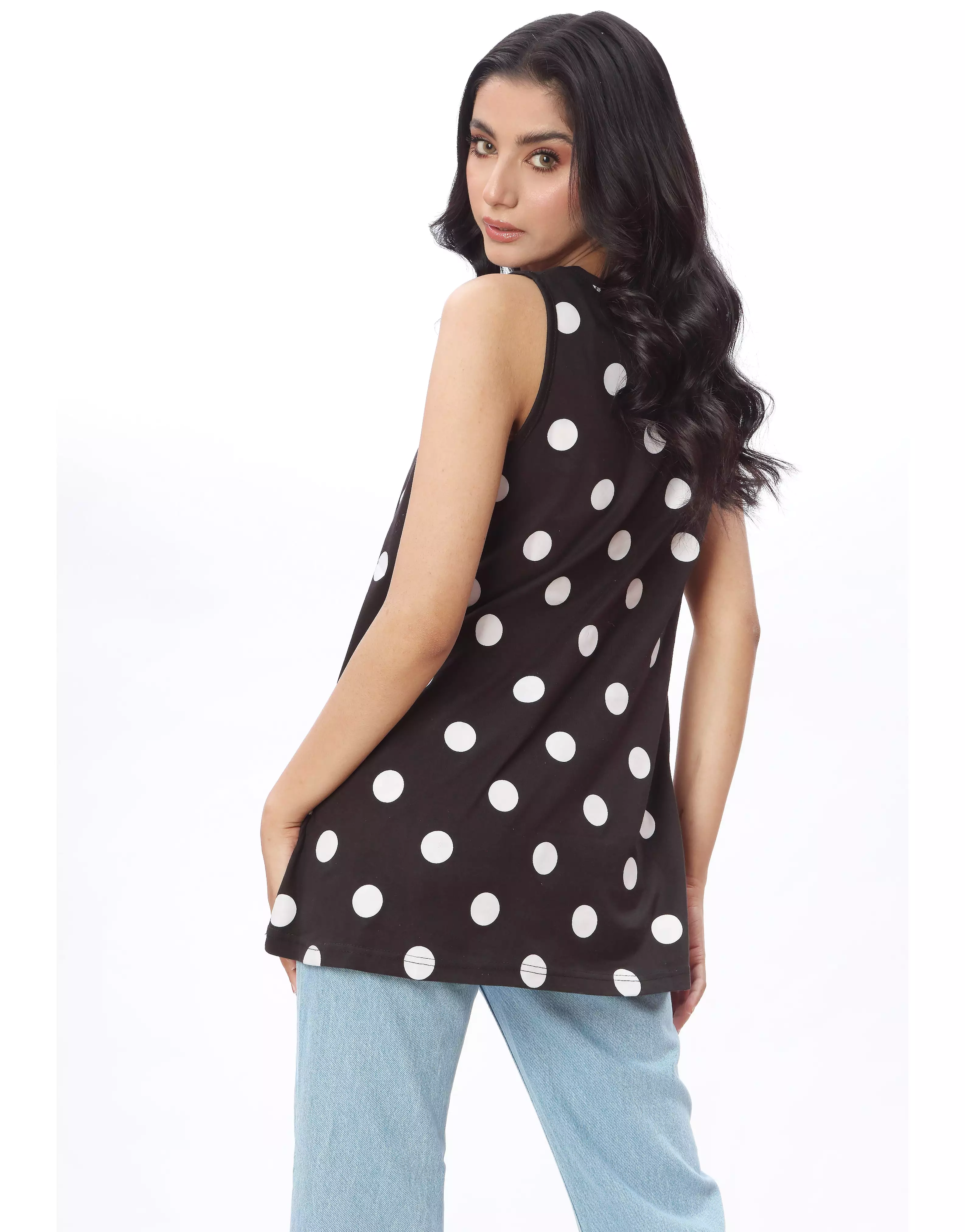 White Polka Dots Sleeveless Black Top Boohoo