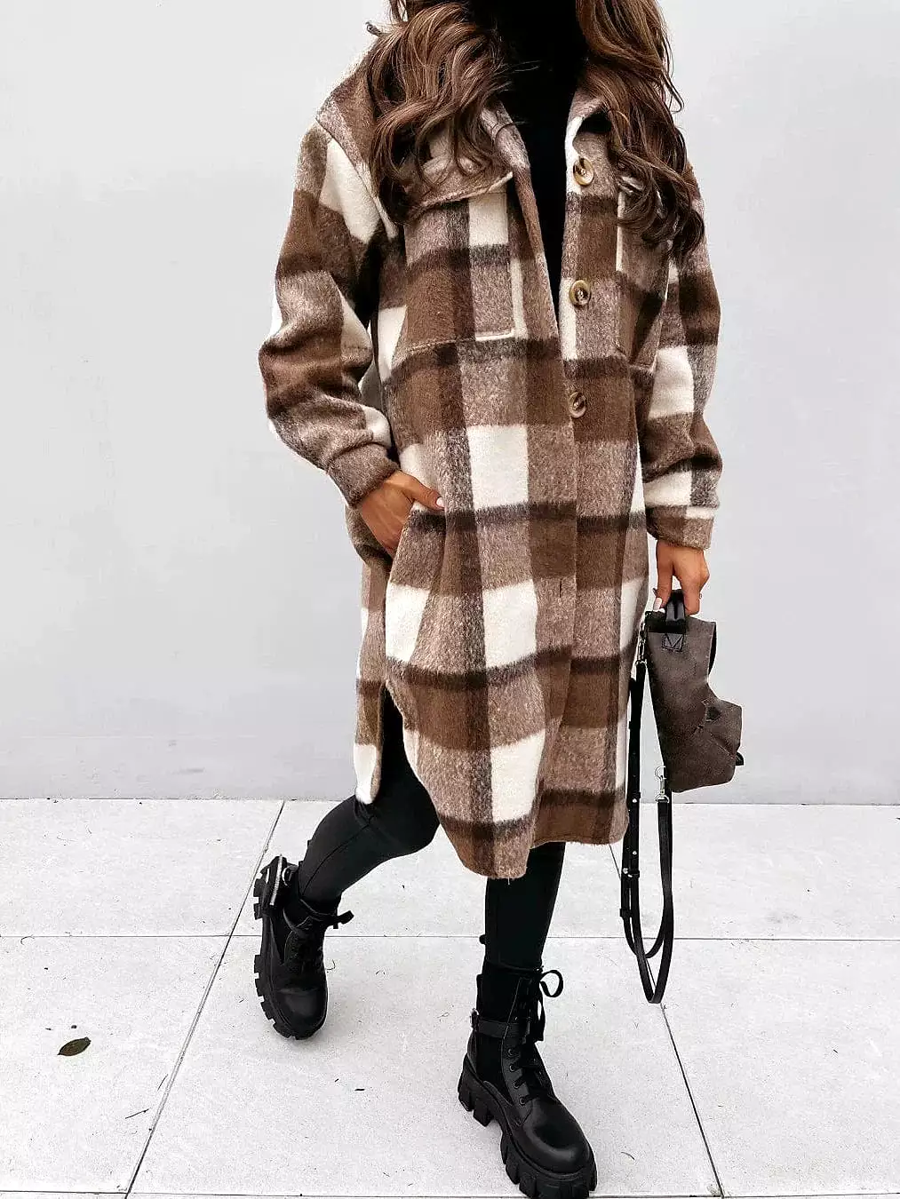 Winter Plaid Wool Blend Shacket Jacket for Women