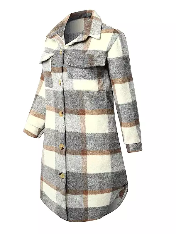 Winter Plaid Wool Blend Shacket Jacket for Women