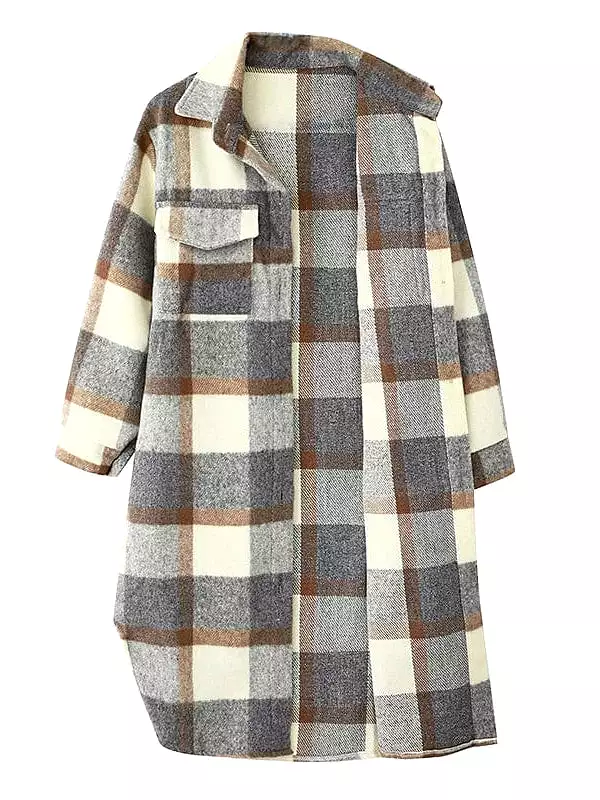 Winter Plaid Wool Blend Shacket Jacket for Women