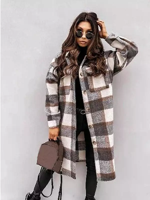 Winter Plaid Wool Blend Shacket Jacket for Women