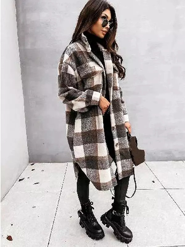 Winter Plaid Wool Blend Shacket Jacket for Women