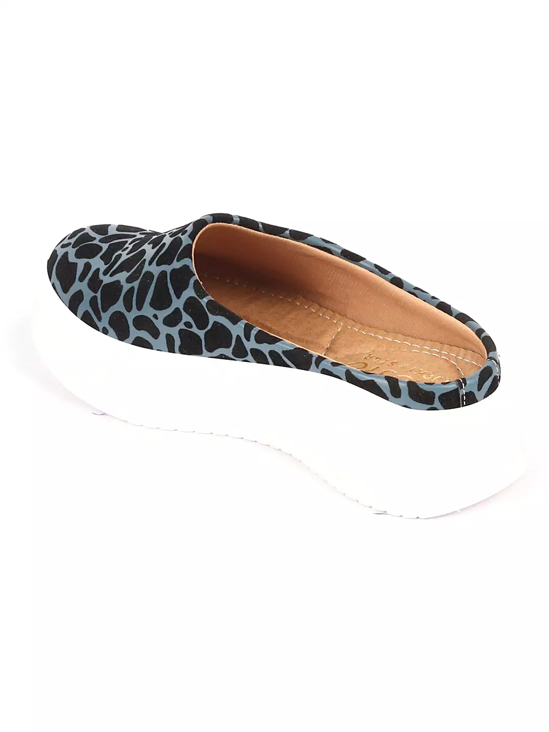 Women Blue Fashion Outdoor Leopard Print Height Enhancer Open Back Slip On Casual Shoes