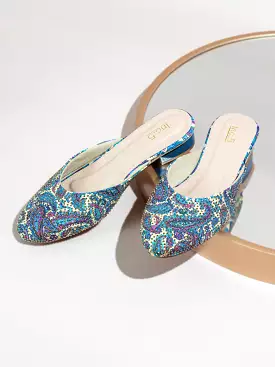 Women Blue Printed Block Heel Mules With Western - Embellished