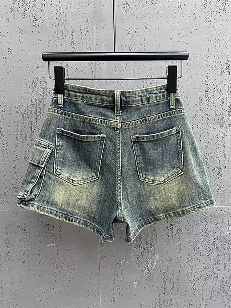 Women Denim Skirt Wash Grey Irregular Big Pockets Cargo High Waist Short A-line Mini Skirt 2023 Autumn New Fashion 29L2652