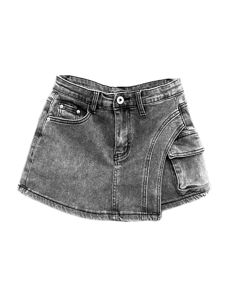 Women Denim Skirt Wash Grey Irregular Big Pockets Cargo High Waist Short A-line Mini Skirt 2023 Autumn New Fashion 29L2652