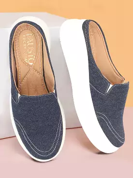 Women Navy Blue Fashion Classic Stitched Upper Denim Open Back Slip On Height Enhancer Casual Shoes