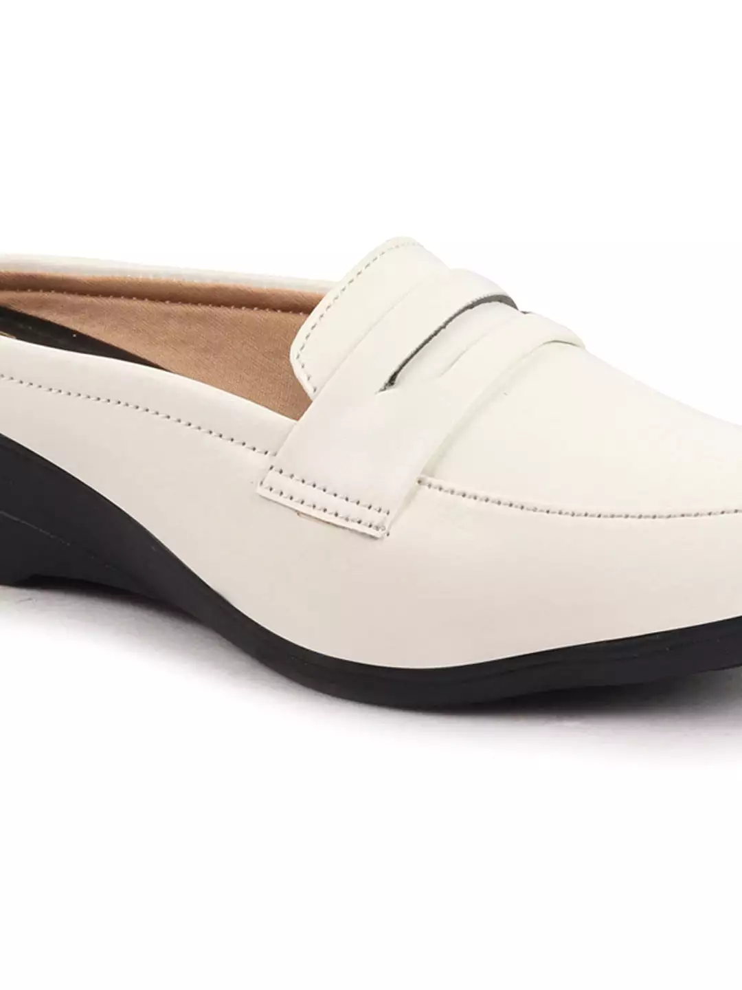 Women White Formal Back Open Platform Wedge Heel Slip On Loafer Shoes