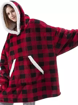 Women's Christmas Grid/Plaid Hoodie Fleece Pajamas Blanket for Couples