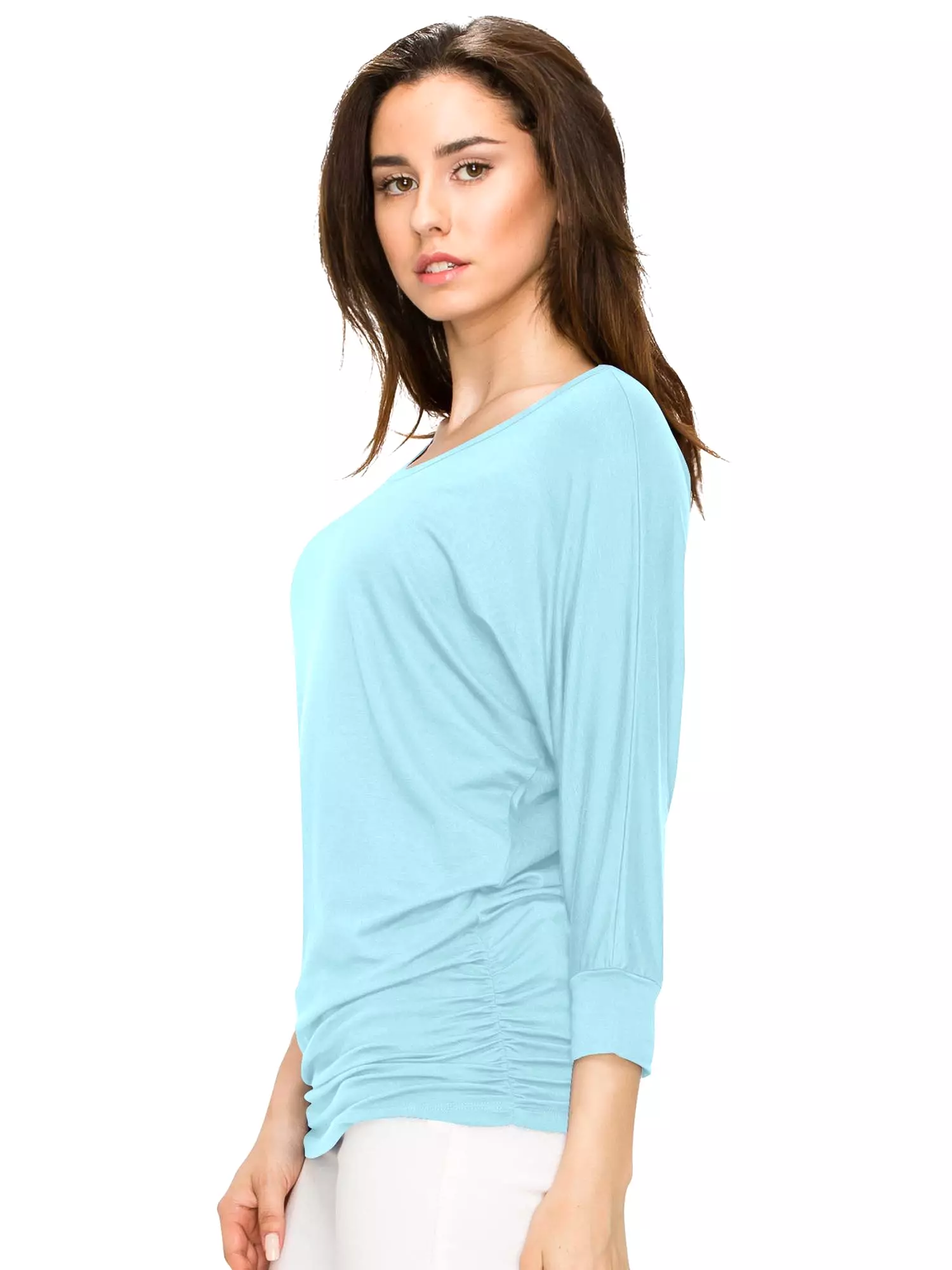 Women's Crew Neck 3/4 Sleeve Drape Dolman Top with Side Shirring