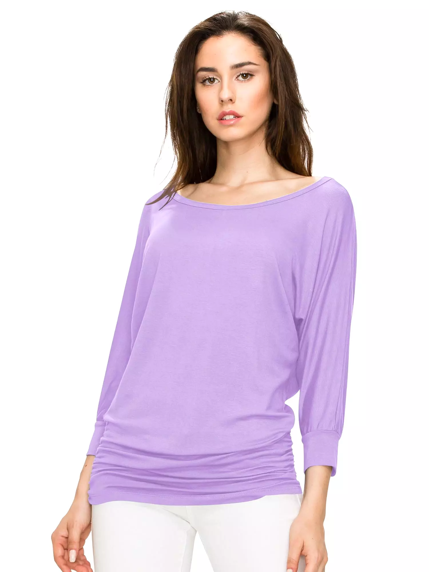 Women's Crew Neck 3/4 Sleeve Drape Dolman Top with Side Shirring