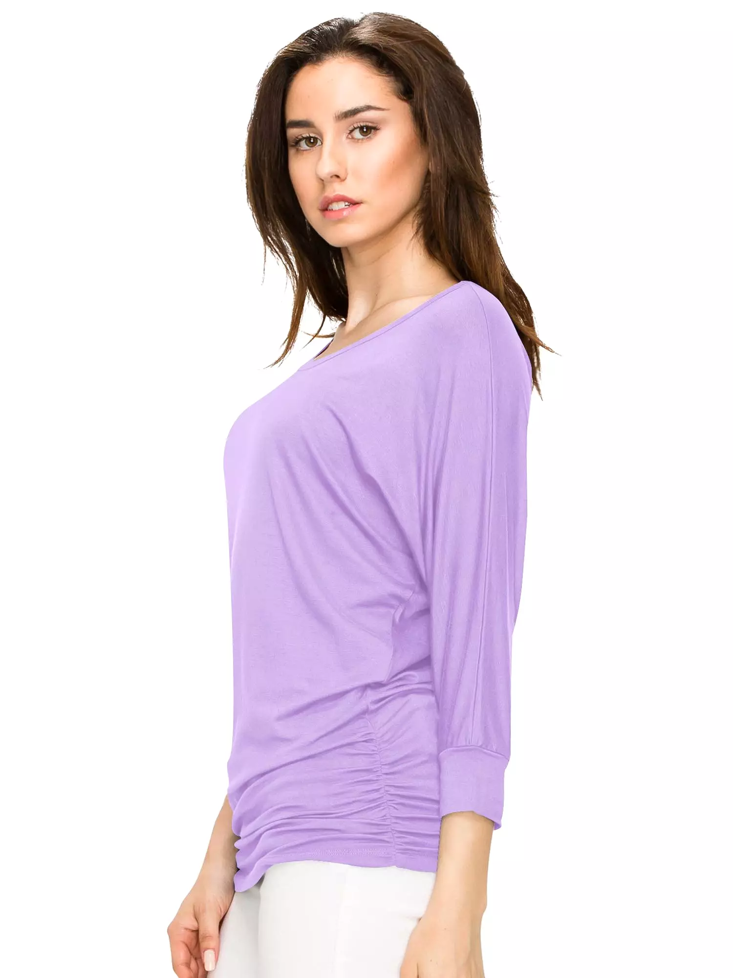 Women's Crew Neck 3/4 Sleeve Drape Dolman Top with Side Shirring