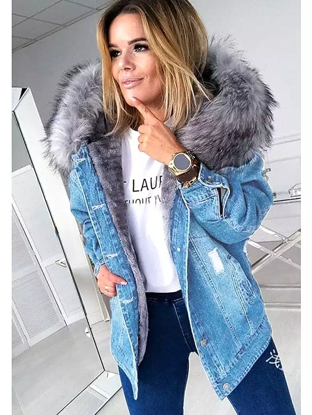 Women's Denim Jacket with Detachable Hood and Faux Fur Trim