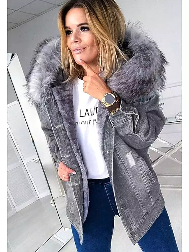 Women's Denim Jacket with Detachable Hood and Faux Fur Trim