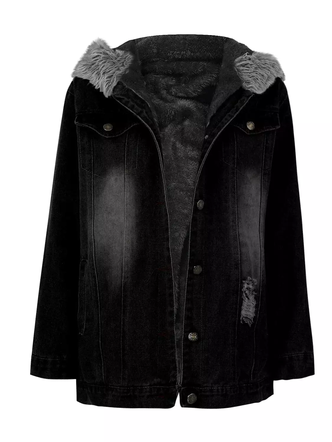 Women's Denim Jacket with Detachable Hood and Faux Fur Trim