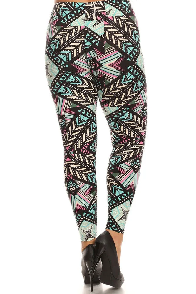 Women's Plus Feather and Stripe Pattern Print Leggings - Black Sky