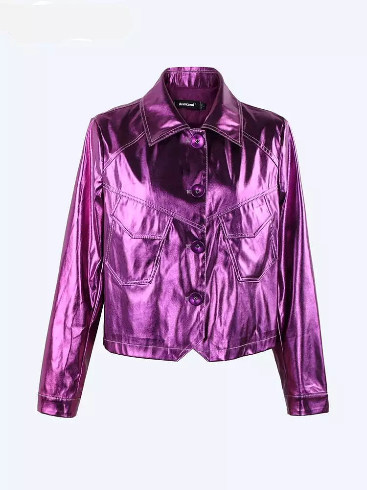 Womens Short Shiny Reflective Patent Pu Leather Jacket Women Motorcycle Jackets