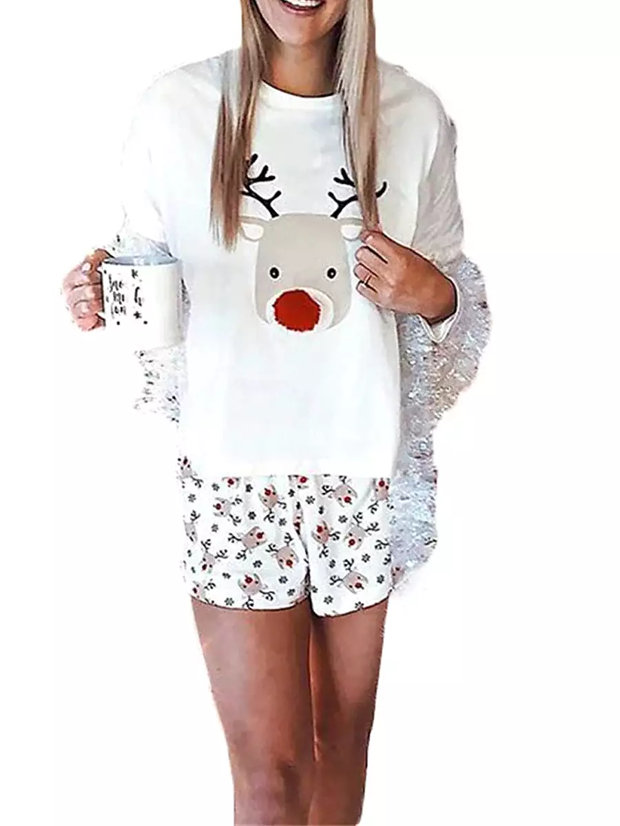 Women's White Festive Elk and Snowflake Christmas Pajama Ensemble