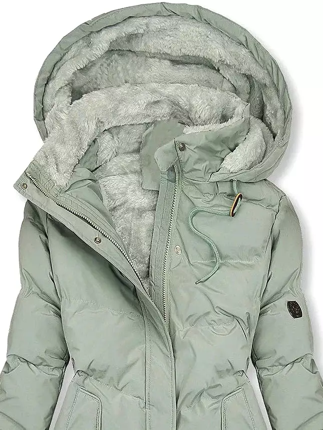 Women's Windproof Green Puffer Jacket with Hood and Zipper Pockets