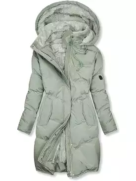 Women's Windproof Green Puffer Jacket with Hood and Zipper Pockets